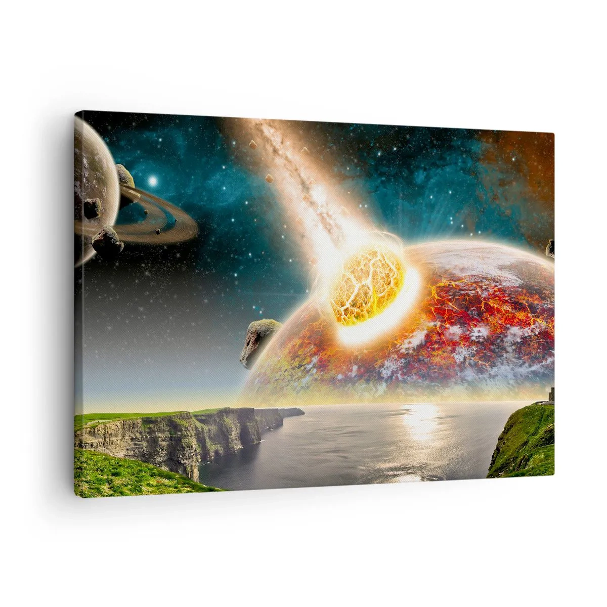 Cuadro sobre lienzo - Impresión de Imagen - Un meteorito choca con un planeta en un paisaje cósmico. - 70x50cm - Drama cósmico - Decoración de pared moderna para salón y dormitorio ARTTOR