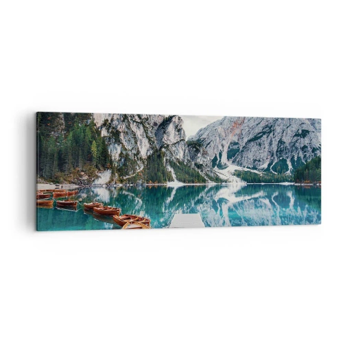 Cuadro sobre lienzo - Impresión de Imagen - Un lago con barcos rodeado de montañas. - 140x50cm - Te mostraremos la fuente de la belleza - Decoración de pared moderna para salón y dormitorio ARTTOR