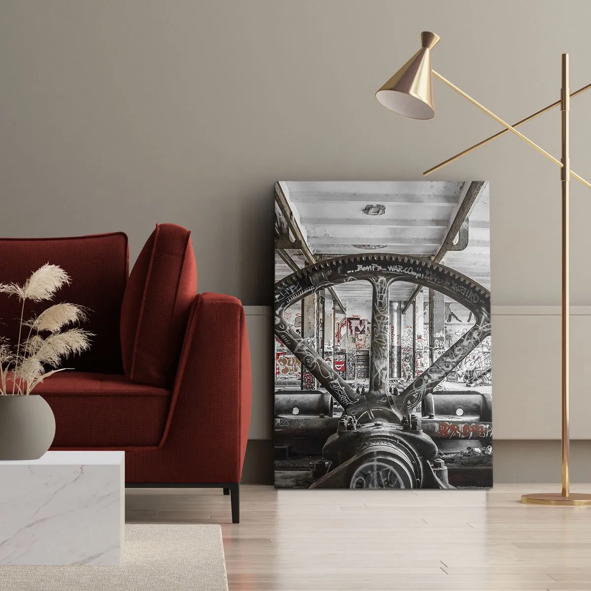 Cuadro sobre lienzo - Impresión de Imagen - Un antiguo mecanismo en un interior industrial abandonado. - 80x120cm - La vida secreta de una fábrica - Decoración de pared moderna para salón y dormitorio ARTTOR