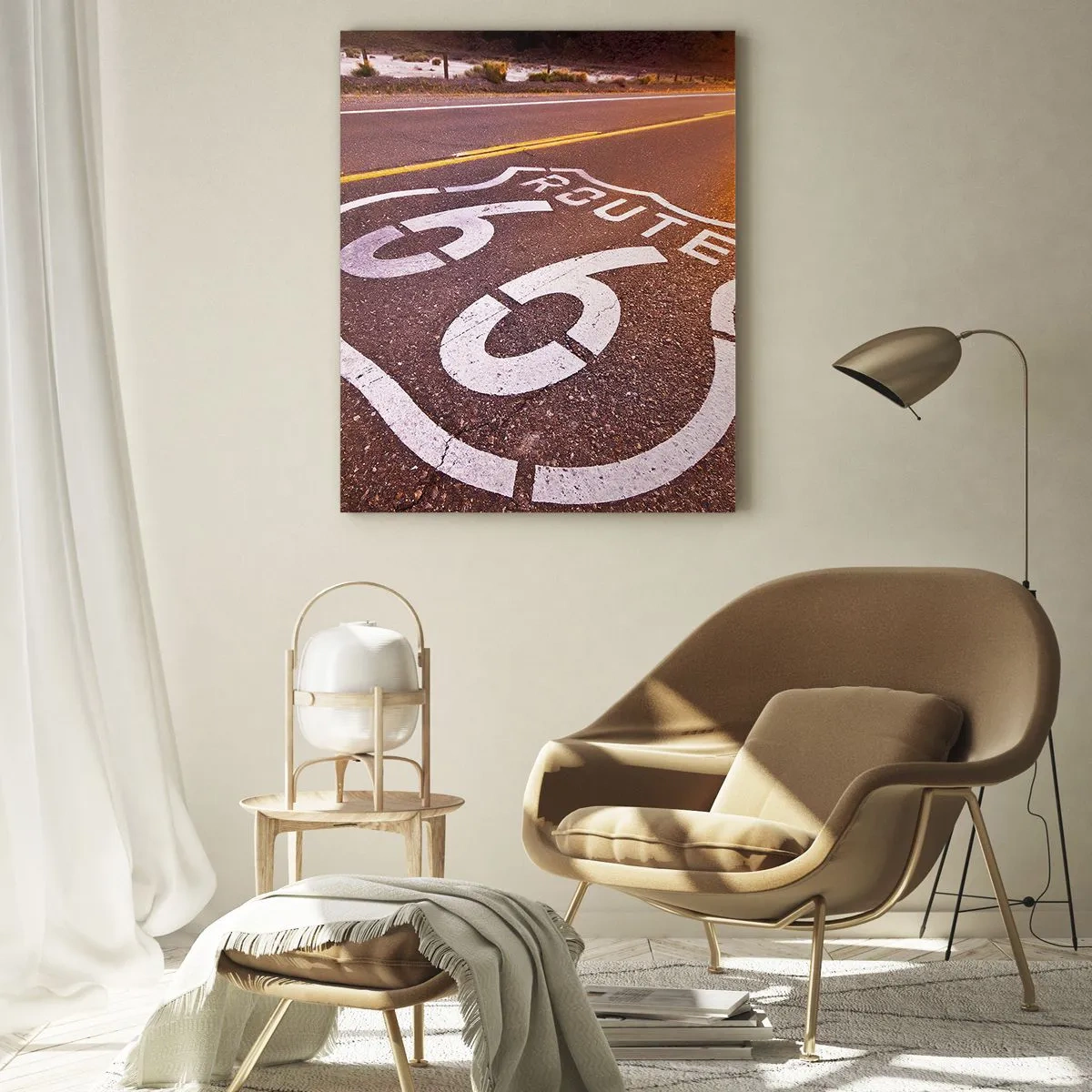 Cuadro sobre vidrio - Impresiones sobre Vidrio - Ruta 66 al atardecer - 70x100cm - La famosa Ruta 66 - Decoración de pared moderna para salón y dormitorio ARTTOR