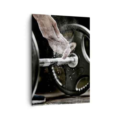 Cuadro sobre lienzo - Impresión de Imagen - Mancuernas y manos de un atleta preparándose para el entrenamiento. - 50x70cm - ¡Reto aceptado! - Decoración de pared moderna para salón y dormitorio ARTTOR