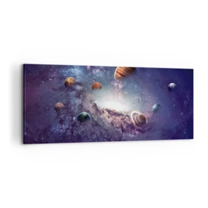 Cuadro sobre lienzo - Impresión de Imagen - Planetas en una galaxia con una nebulosa al fondo - 120x50cm - La danza alrededor del Sol - Decoración de pared moderna para salón y dormitorio ARTTOR