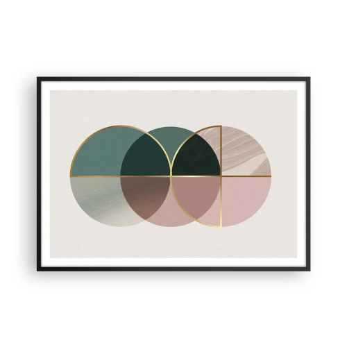 Póster en marco negro - Una composición abstracta de formas geométricas y líneas doradas. - 100x70cm - Círculo tras círculo... - Decoración de pared moderna para salón y dormitorio ARTTOR