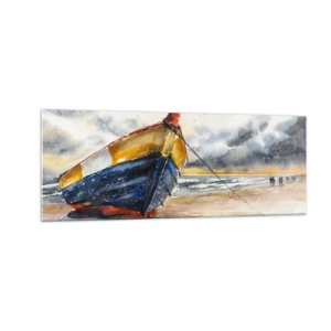 Cuadro sobre vidrio - Impresiones sobre Vidrio - Un pintoresco barco en la playa bajo un cielo nublado. - 140x50cm - Descansando en la orilla - Decoración de pared moderna para salón y dormitorio ARTTOR