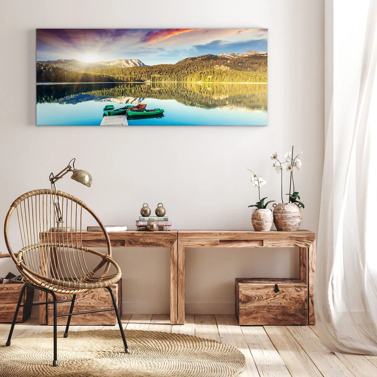 Cuadro sobre lienzo - Impresión de Imagen - Puesta de sol sobre el lago con barcos en el muelle - 140x50cm - Sobre el agua tan suave como un espejo - Decoración de pared moderna para salón y dormitorio ARTTOR
