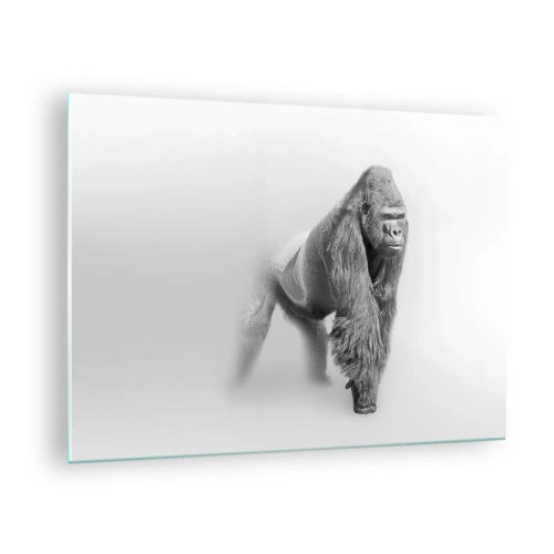 Cuadro sobre vidrio - Impresiones sobre Vidrio - Retrato en blanco y negro de un majestuoso gorila sobre un fondo blanco. - 70x50cm - Confiando en su fuerza - Decoración de pared moderna para salón y dormitorio ARTTOR