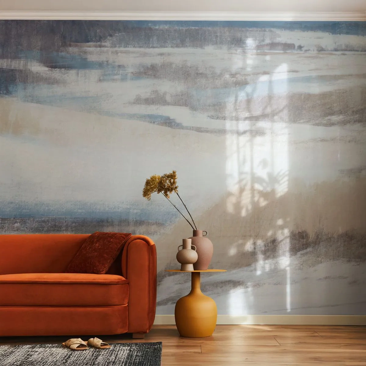 Fotomural Premium Sand - Paisaje invernal abstracto con azul y beige. - 100x70cm - Composición invernal - Decoración de pared moderna para salón y dormitorio ARTTOR