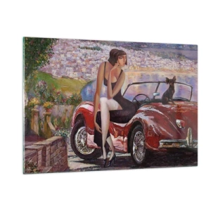 Cuadro sobre vidrio - Impresiones sobre Vidrio - Una mujer y un perro junto a un coche rojo con un paisaje al fondo. - 120x80cm - Paseo veraniego - Decoración de pared moderna para salón y dormitorio ARTTOR