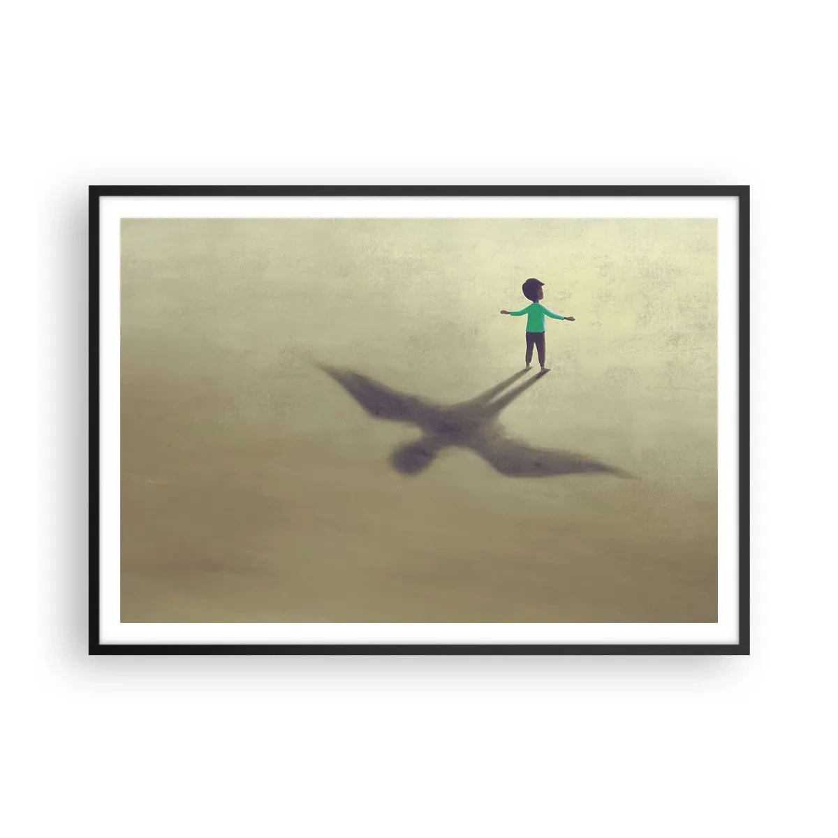 Póster en marco negro - Una figura simbólica de un niño con la sombra de un pájaro sobre un fondo de tonos cálidos. - 100x70cm - Héroe del futuro - Decoración de pared moderna para salón y dormitorio ARTTOR
