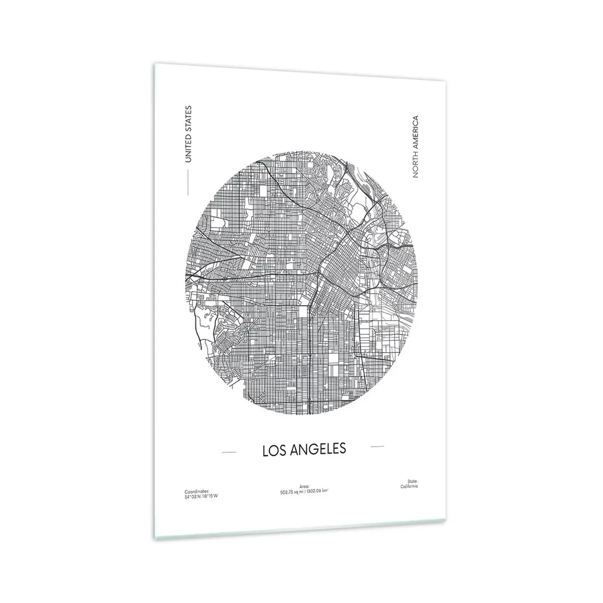 Cuadro sobre vidrio - Impresiones sobre Vidrio - Un mapa de Los Ángeles en un estilo minimalista en blanco y negro. - 70x100cm - Anatomía de Los Ángeles - Decoración de pared moderna para salón y dormitorio ARTTOR