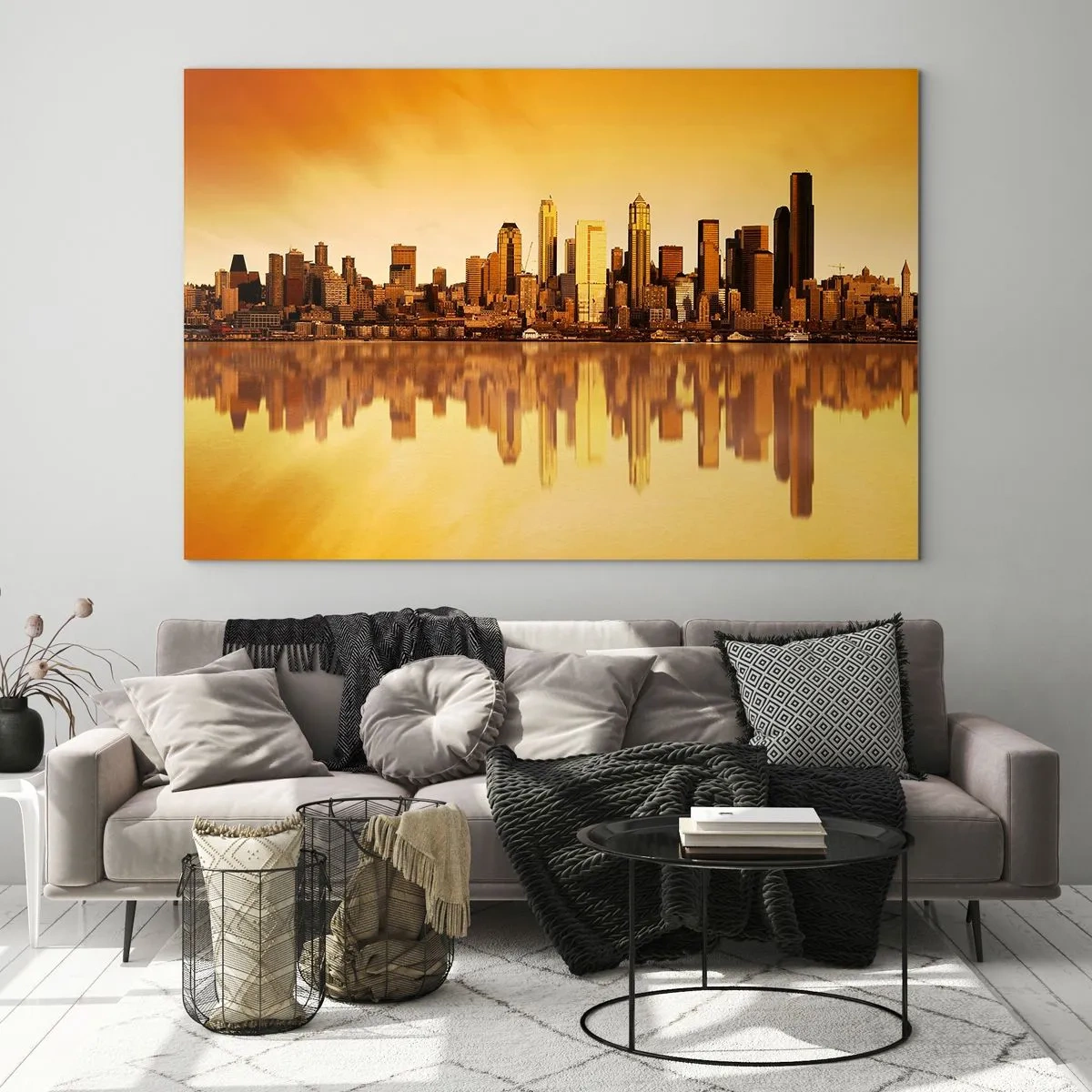 Cuadro sobre vidrio - Impresiones sobre Vidrio - Panorama de la ciudad bajo la luz dorada del atardecer. - 70x50cm - El silencio de la metrópoli - Decoración de pared moderna para salón y dormitorio ARTTOR