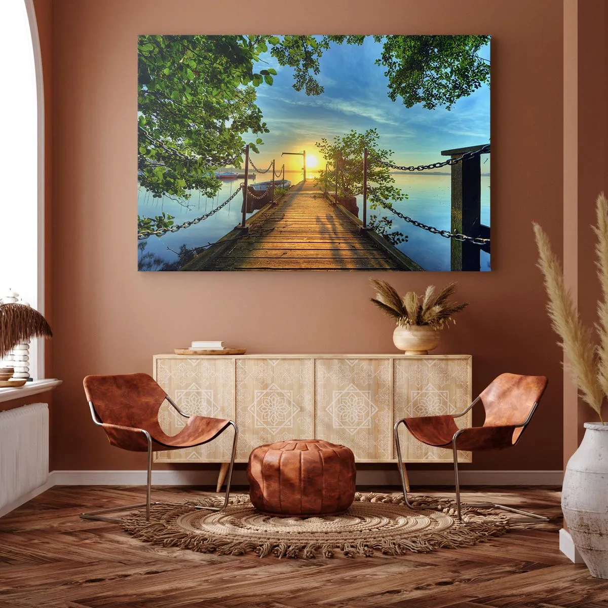 Cuadro sobre lienzo - Impresión de Imagen - Un muelle sobre el lago bajo los rayos del atardecer. - 70x50cm - Atardecer junto al agua - Decoración de pared moderna para salón y dormitorio ARTTOR