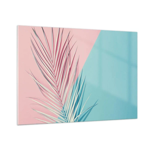 Cuadro sobre vidrio - Impresiones sobre Vidrio - Una hoja de palma sobre un fondo pastel en una composición geométrica. - 100x70cm - Impresión tropical - Decoración de pared moderna para salón y dormitorio ARTTOR