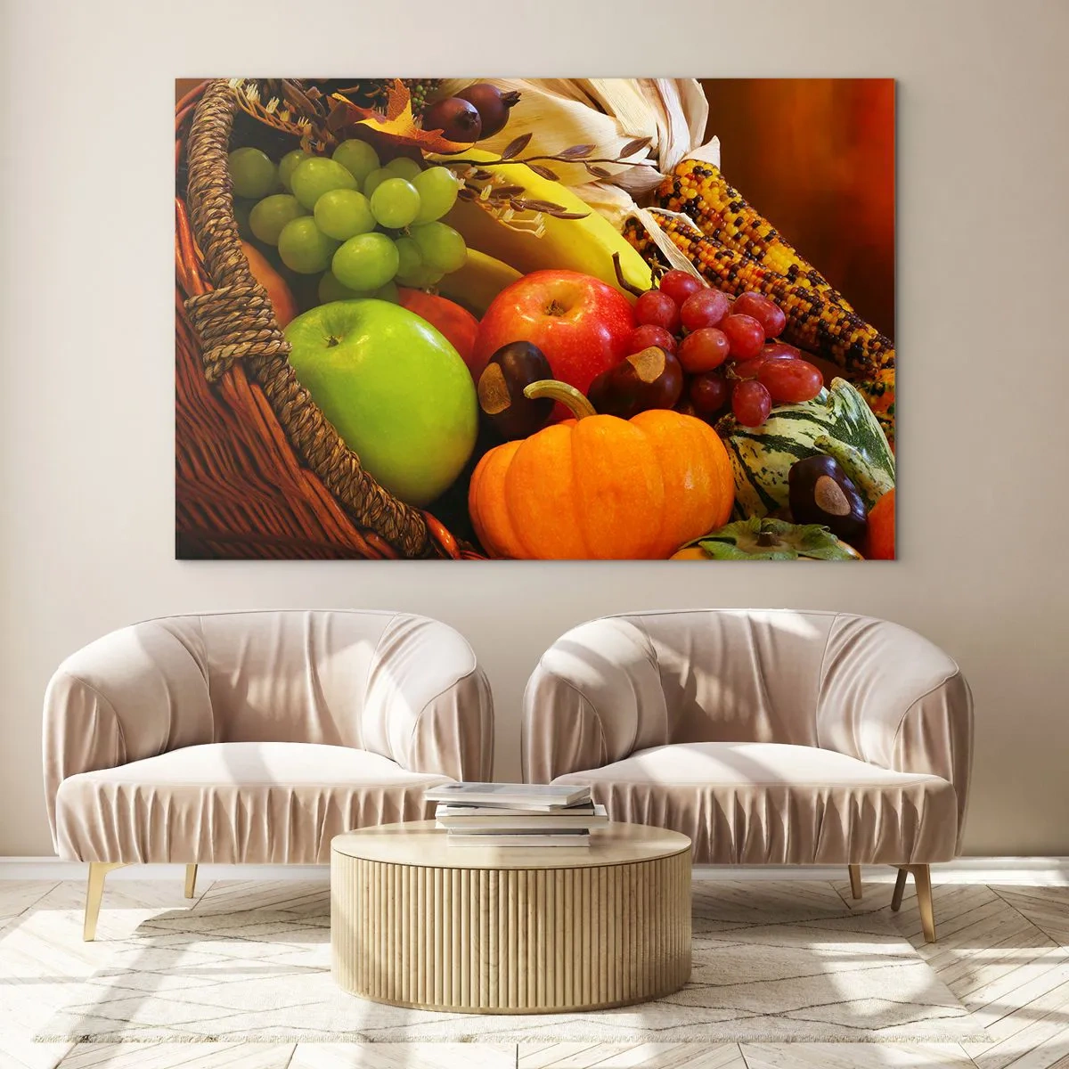 Cuadro sobre vidrio - Impresiones sobre Vidrio - Una cesta llena de frutas y verduras en un arreglo otoñal. - 70x50cm - Cesta de la cosecha - Decoración de pared moderna para salón y dormitorio ARTTOR