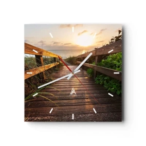 Reloj de pared - Reloj de vidrio - Muelle de madera que conduce a la playa al atardecer - 30x30cm - Y directamente a la orilla - Decoración de pared moderna para salón y dormitorio ARTTOR