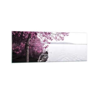 Cuadro sobre vidrio - Impresiones sobre Vidrio - Un barco en la orilla de un lago entre árboles rosados. - 140x50cm - En el silencio rosa - Decoración de pared moderna para salón y dormitorio ARTTOR
