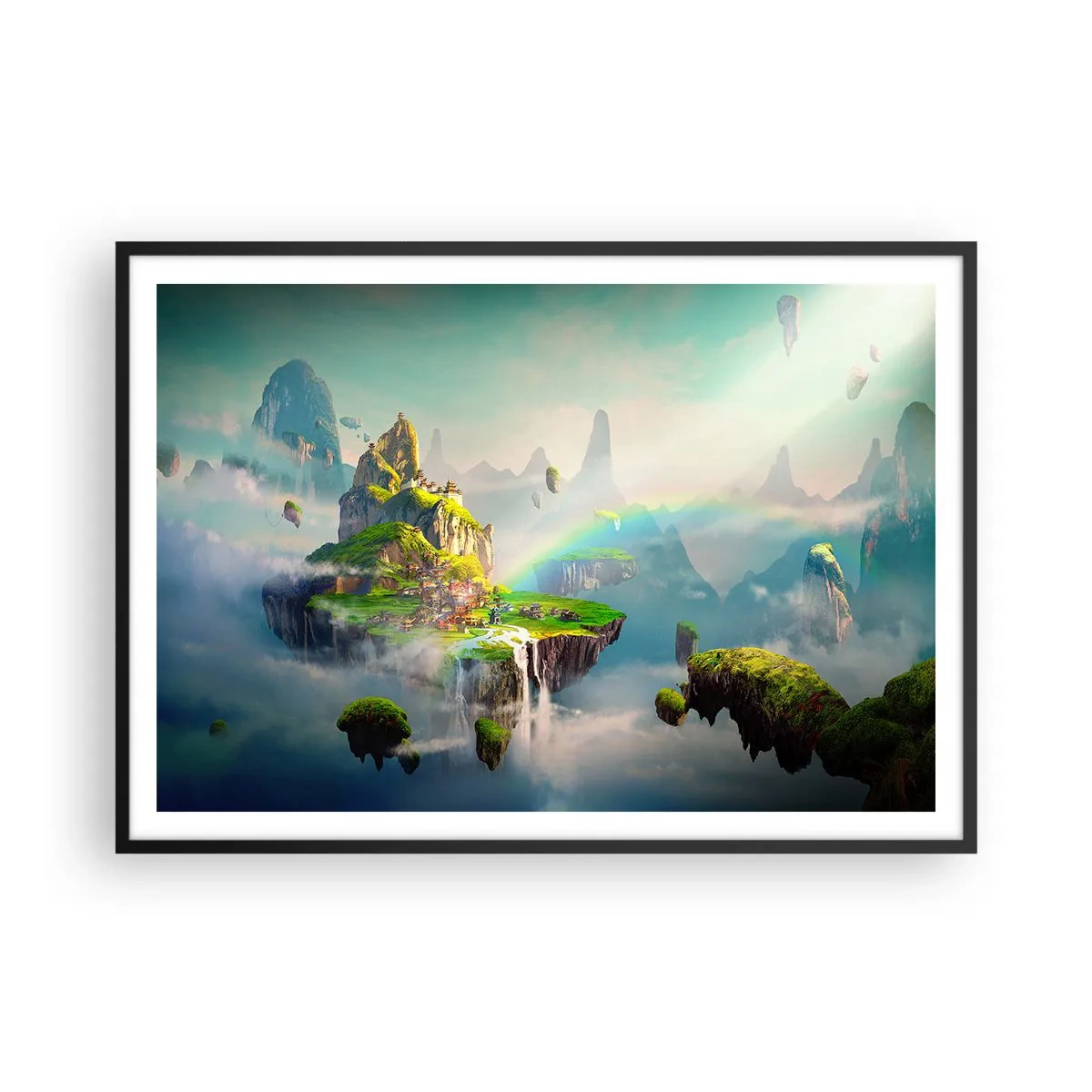 Póster en marco negro - Islas voladoras entre las nubes con un arcoíris en el horizonte. - 100x70cm - El medio de la nada - islas flotantes - Decoración de pared moderna para salón y dormitorio ARTTOR