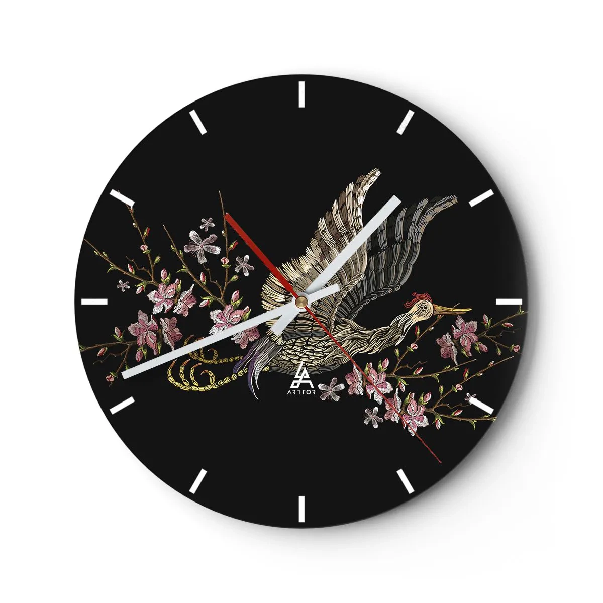 Reloj de pared - Reloj de vidrio - Un pájaro en vuelo entre flores sobre un fondo negro. - 30x30cm - Ave florida - Decoración de pared moderna para salón, cocina y dormitorio ARTTOR
