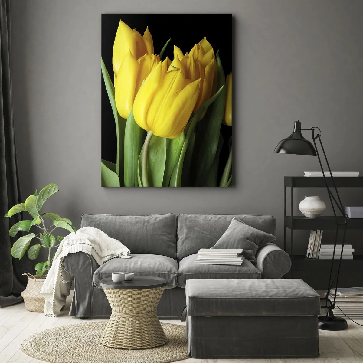 Cuadro sobre lienzo - Impresión de Imagen - Un ramo de tulipanes amarillos sobre un fondo negro. - 70x100cm - Resucitado de puro sol - Decoración de pared moderna para salón y dormitorio ARTTOR