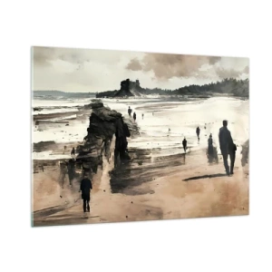 Cuadro sobre vidrio - Impresiones sobre Vidrio - Siluetas caminando por una amplia playa bajo un cielo nublado - 100x70cm - Un sueño evocado - Decoración de pared moderna para salón y dormitorio ARTTOR