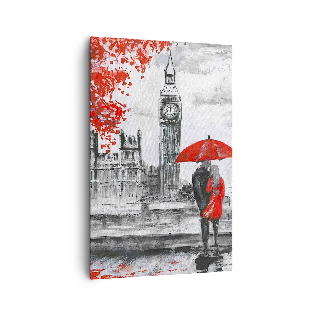 Cuadro sobre lienzo - Impresión de Imagen - Escena romántica con el Big Ben y un paraguas rojo. - 80x120cm - Londres enamora - Decoración de pared moderna para salón y dormitorio ARTTOR