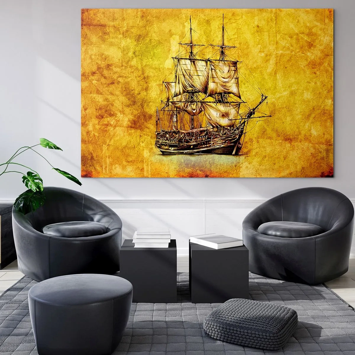 Cuadro sobre vidrio - Impresiones sobre Vidrio - Un velero histórico sobre el fondo de un pergamino estilizado. - 120x80cm - ¡Rumbo a la isla Tortuga! - Decoración de pared moderna para salón y dormitorio ARTTOR