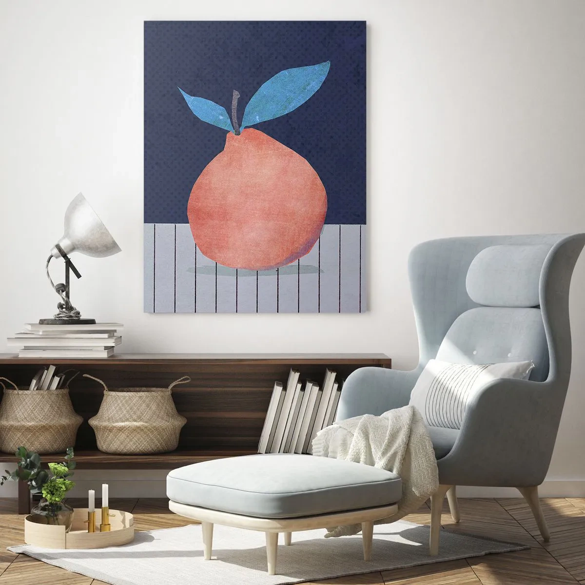 Cuadro sobre vidrio - Impresiones sobre Vidrio - Una fruta con forma abstracta frente a una composición geométrica. - 50x70cm - Convexidad y plano - Decoración de pared moderna para salón y dormitorio ARTTOR