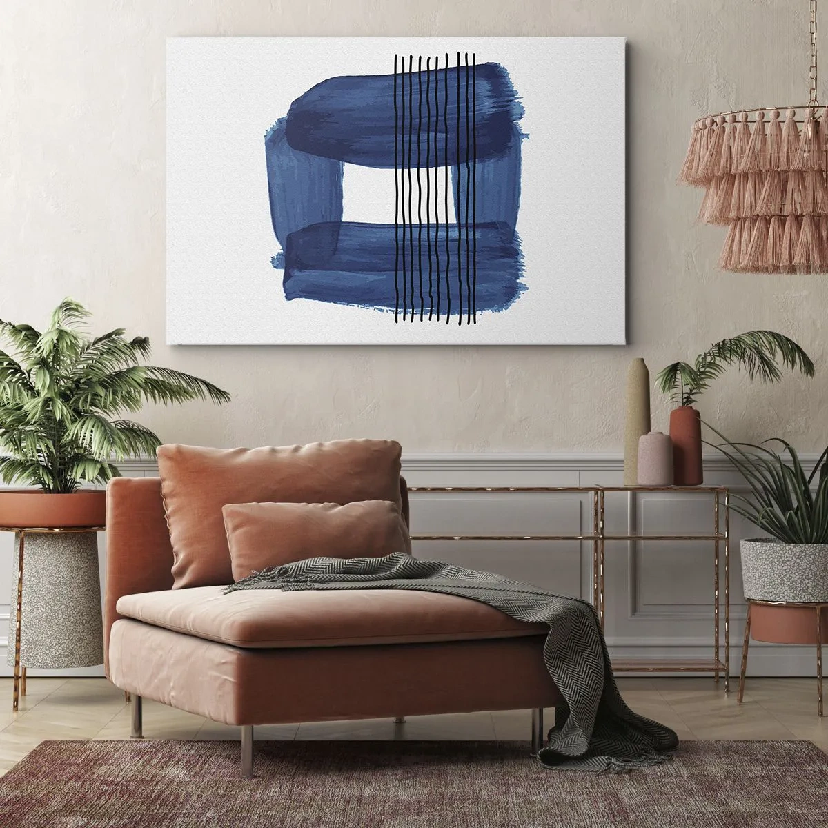 Cuadro sobre lienzo - Impresión de Imagen - Patrón abstracto en tonos azules con líneas negras. - 70x50cm - Composición azul y negra - Decoración de pared moderna para salón y dormitorio ARTTOR