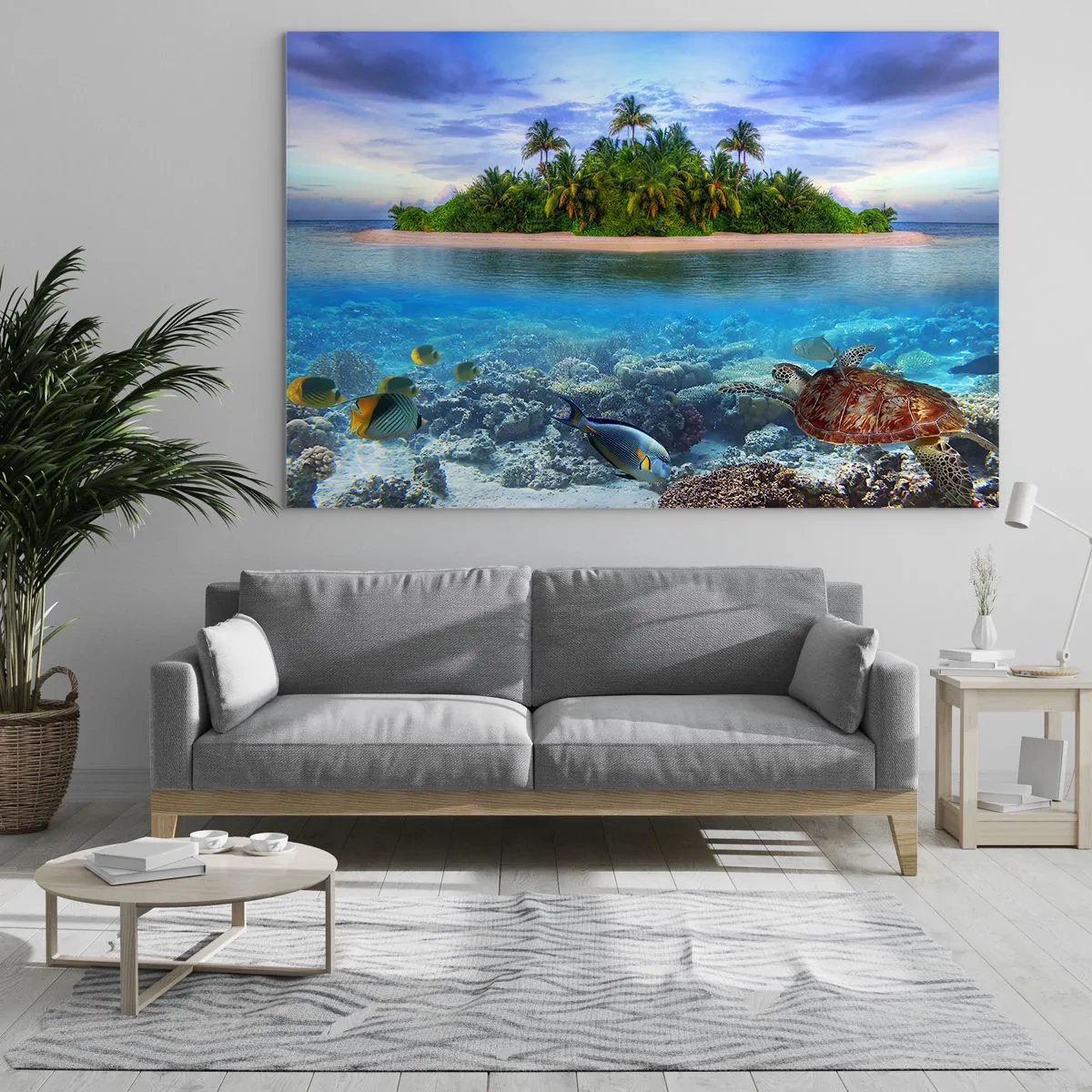 Cuadro sobre vidrio - Impresiones sobre Vidrio - Una isla tropical con un arrecife de coral y vida marina. - 100x70cm - Una isla paradisíaca te invita - Decoración de pared moderna para salón y dormitorio ARTTOR