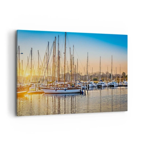 Cuadro sobre lienzo - Impresión de Imagen - Puesta de sol sobre un puerto deportivo lleno de veleros - 120x80cm - El viento debe dormir también - Decoración de pared moderna para salón y dormitorio ARTTOR