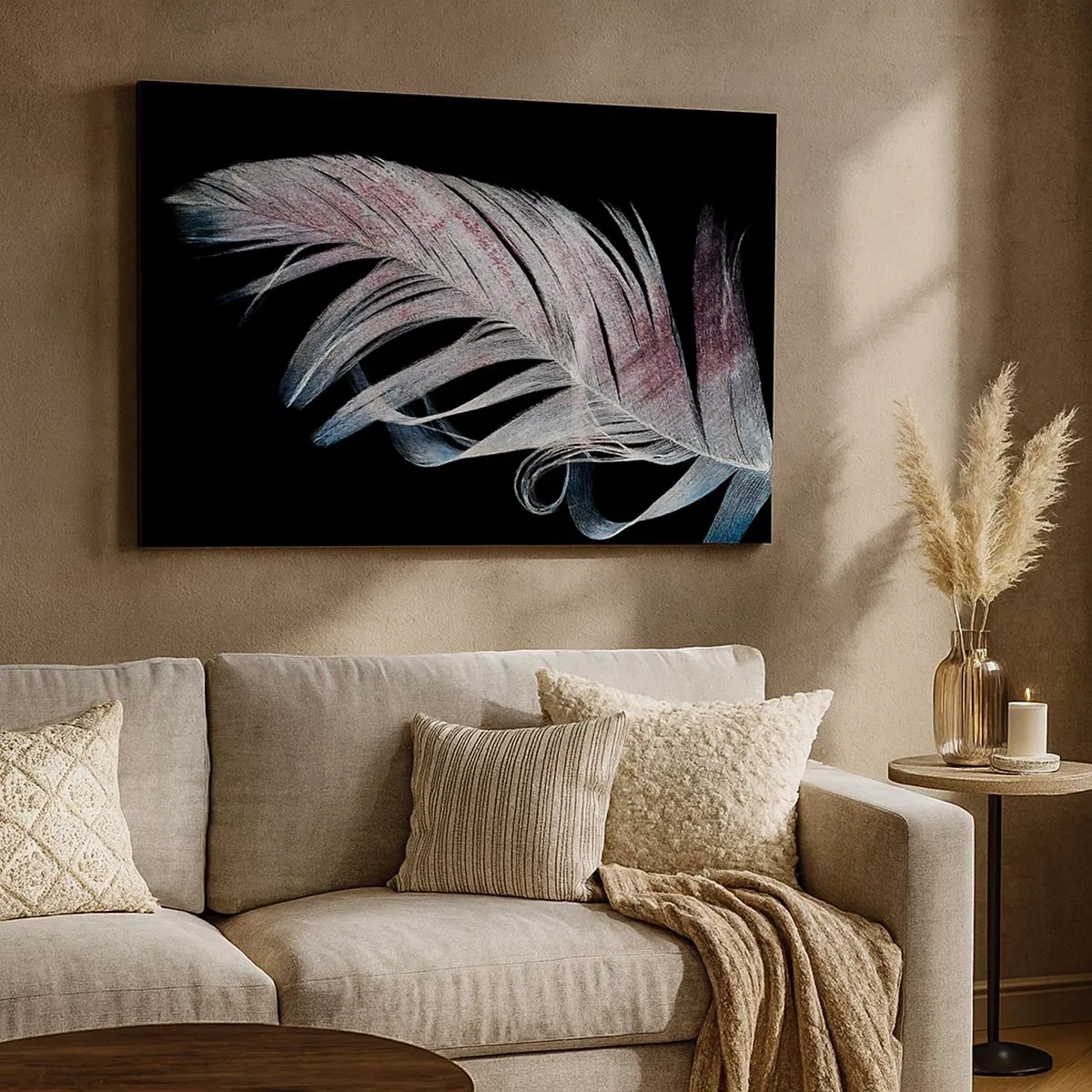 Cuadro sobre lienzo - Impresión de Imagen - Una delicada pluma sobre un fondo negro en un enfoque artístico. - 70x50cm - Piensa en el tacto - Decoración de pared moderna para salón y dormitorio ARTTOR
