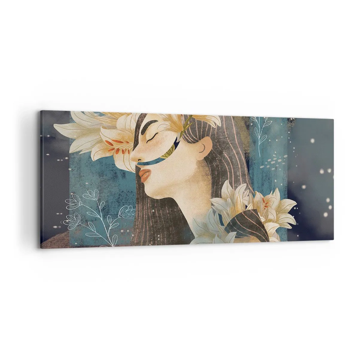 Cuadro sobre lienzo - Impresión de Imagen - Retrato de una mujer con flores en estilo artístico sobre un fondo oscuro. - 120x50cm - Cuento de princesa con lirios - Decoración de pared moderna para salón y dormitorio ARTTOR