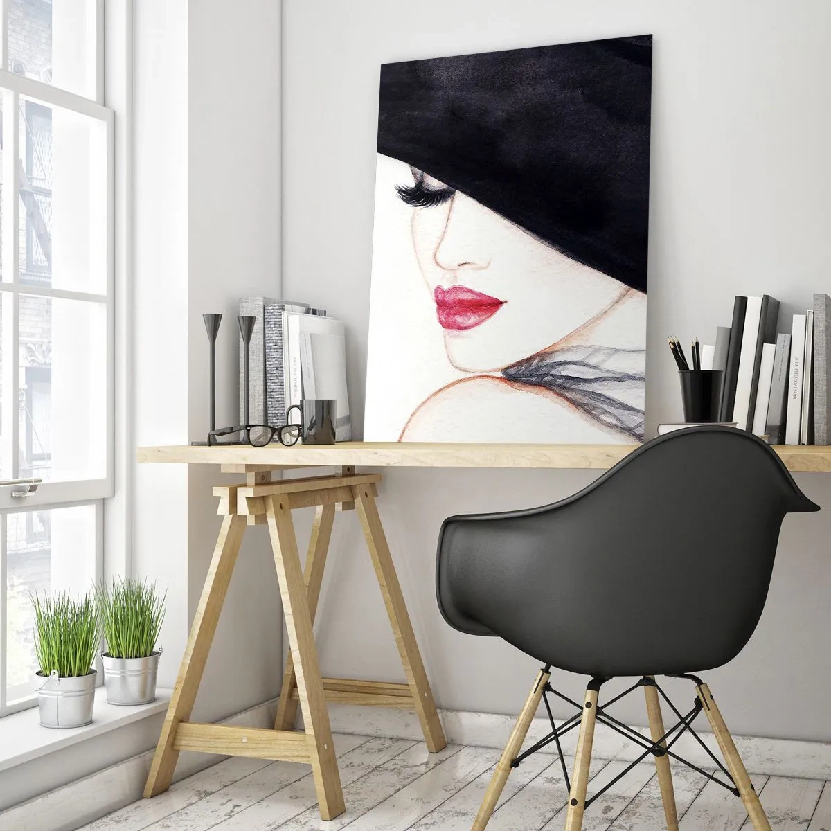 Cuadro sobre vidrio - Impresiones sobre Vidrio - Una ilustración sutil de una mujer con un sombrero negro y labios rojos. - 70x100cm - Elegancia y sensualidad - Decoración de pared moderna para salón y dormitorio ARTTOR