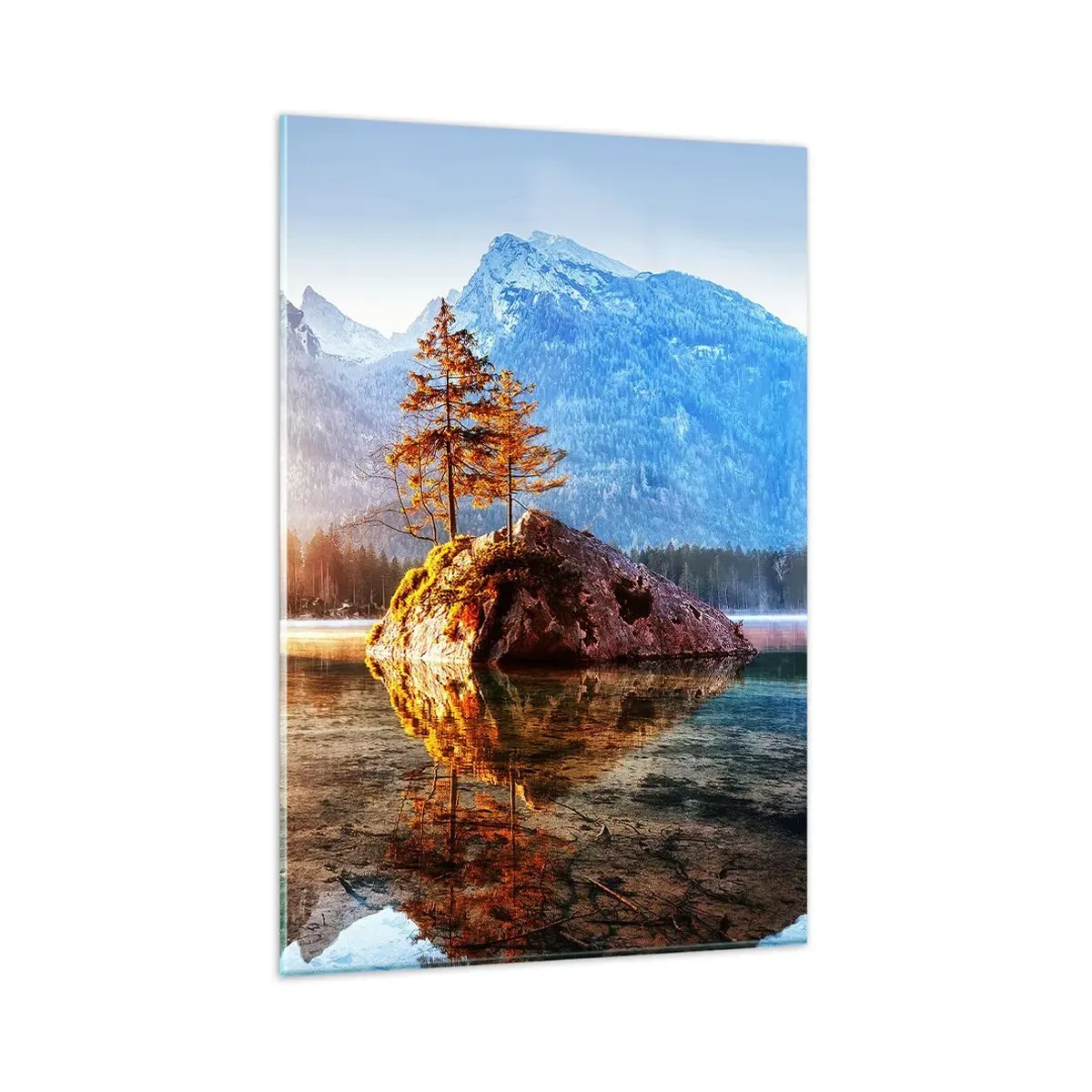 Cuadro sobre vidrio - Impresiones sobre Vidrio - Un lago con islas y montañas al fondo al amanecer. - 80x120cm - La naturaleza bajo la luz - Decoración de pared moderna para salón y dormitorio ARTTOR