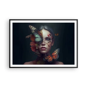 Póster en marco negro - Retrato de una mujer con mariposas y elementos vegetales. - 100x70cm - Una metamorfosis maravillosa - Decoración de pared moderna para salón y dormitorio ARTTOR