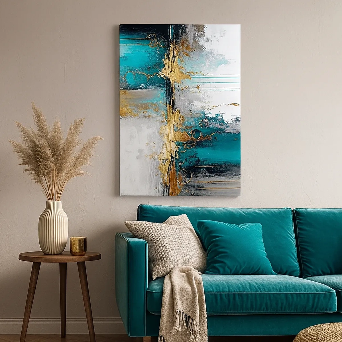 Cuadro sobre lienzo - Impresión de Imagen - Una composición abstracta con acentos turquesa y dorado. - 50x70cm - Todo fluye - Decoración de pared moderna para salón y dormitorio ARTTOR