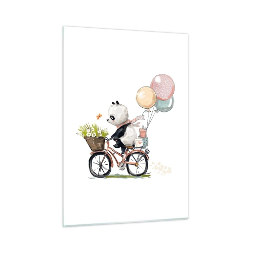 Cuadro sobre vidrio - Impresiones sobre Vidrio - Un panda montando en bicicleta con globos y una canasta de flores. - 50x70cm - Un día feliz - Decoración de pared moderna para salón y dormitorio ARTTOR