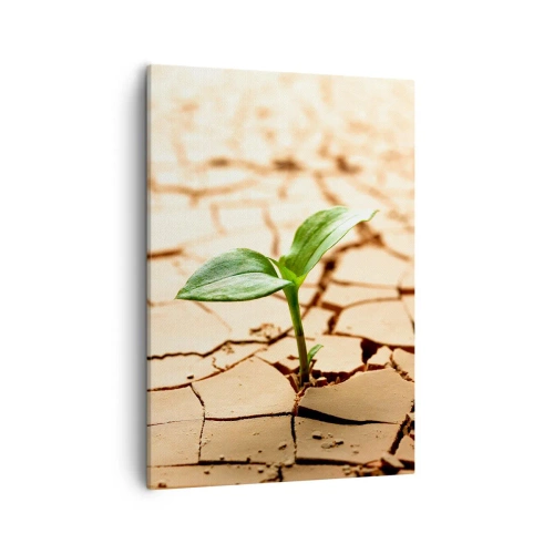 Cuadro sobre lienzo - Impresión de Imagen - Una planta verde que crece en tierra seca y agrietada. - 50x70cm - El poder indomable de la vida - Decoración de pared moderna para salón y dormitorio ARTTOR