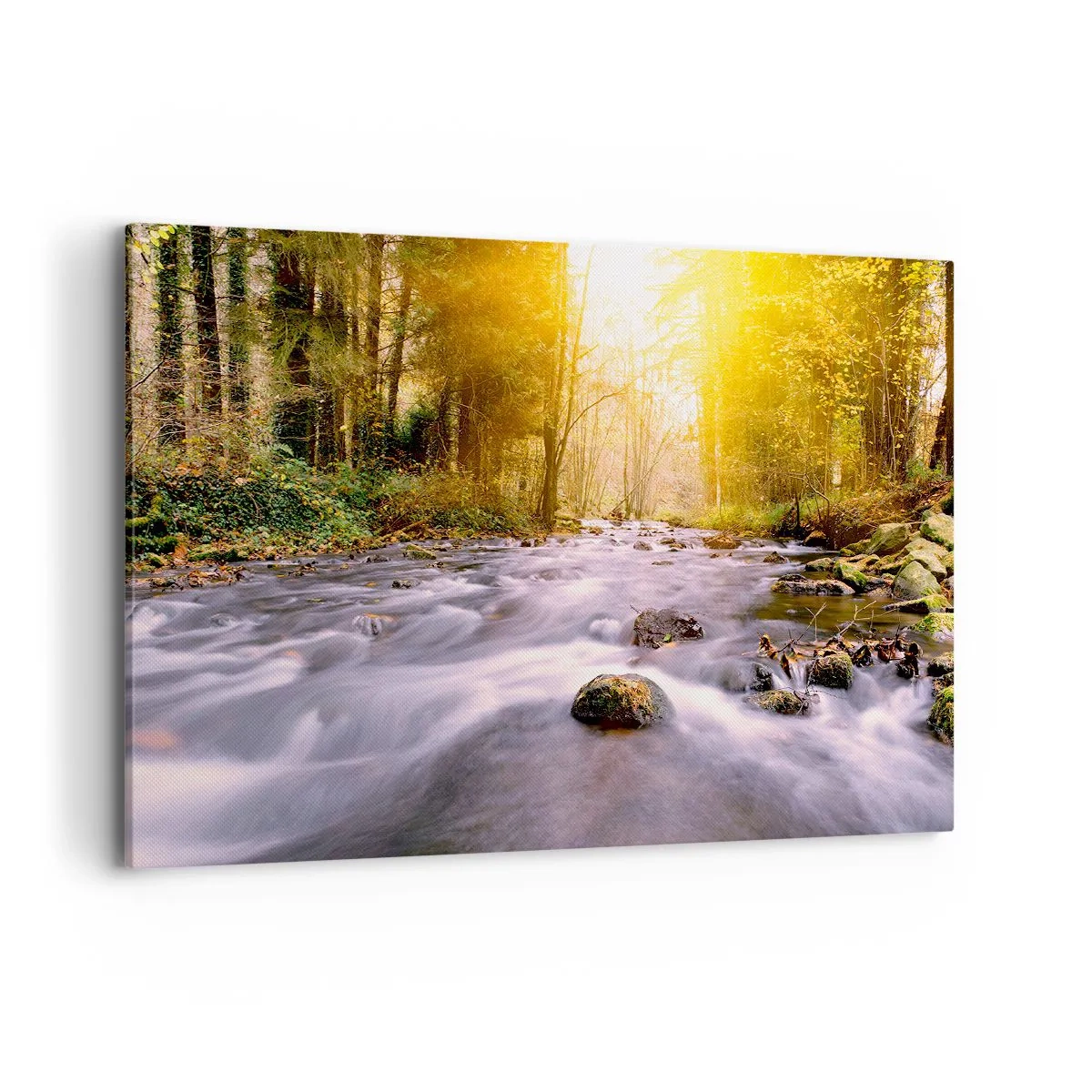 Cuadro sobre lienzo - Impresión de Imagen - Un arroyo forestal iluminado por los rayos del sol. - 100x70cm - Malaquita en un marco de plata y oro - Decoración de pared moderna para salón y dormitorio ARTTOR