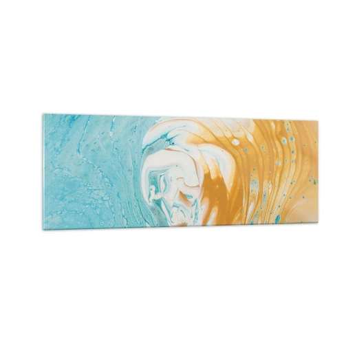 Cuadro sobre vidrio - Impresiones sobre Vidrio - Ondas abstractas en tonos azules y dorados sobre lienzo. - 140x50cm - Remolino pastel - Decoración de pared moderna para salón y dormitorio ARTTOR