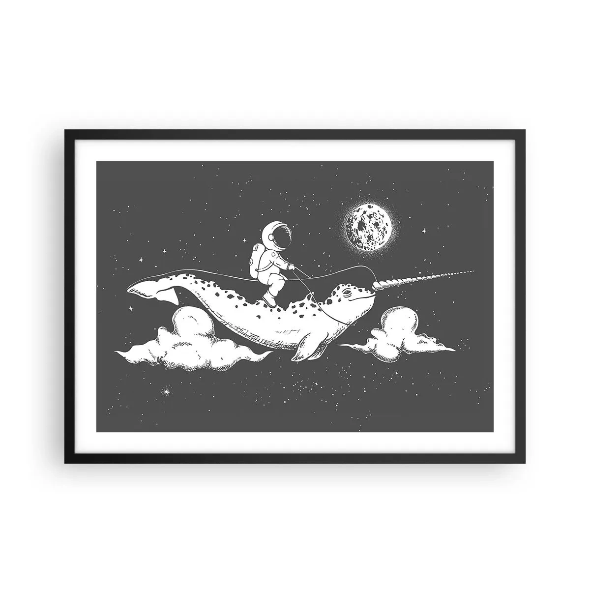 Póster en marco negro - Un astronauta en el lomo de un narval flotando en una escena espacial. - 70x50cm - Jinete espacial - Decoración de pared moderna para salón y dormitorio ARTTOR