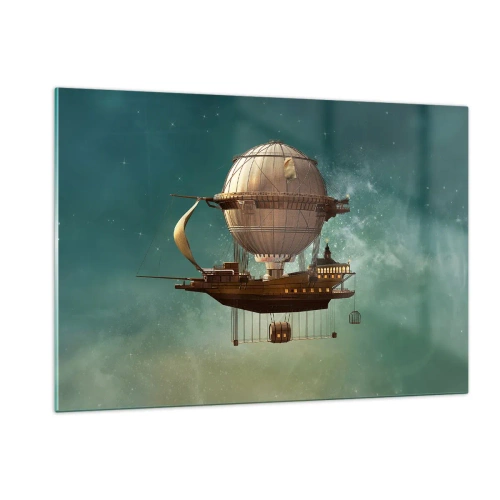 Cuadro sobre vidrio - Impresiones sobre Vidrio - Un dirigible volador con una casa de estilo retro en el cielo. - 120x80cm - Julio Verne saluda - Decoración de pared moderna para salón y dormitorio ARTTOR