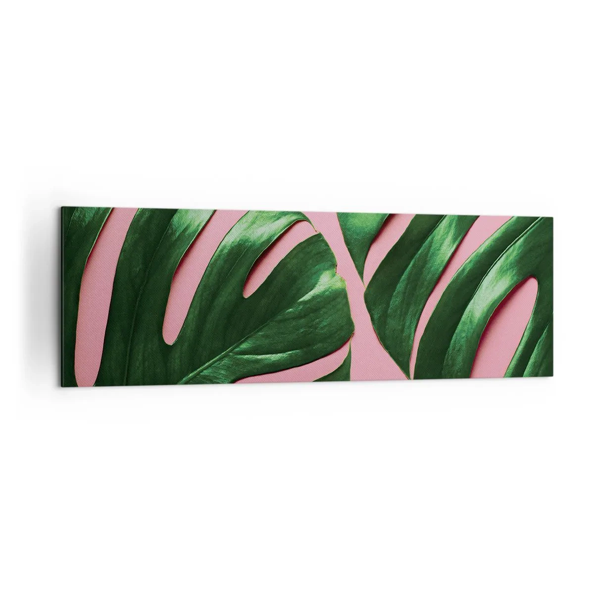 Cuadro sobre lienzo - Impresión de Imagen - Hojas de monstera verde sobre un fondo rosa - 160x50cm - Cita con el verde - Decoración de pared moderna para salón y dormitorio ARTTOR
