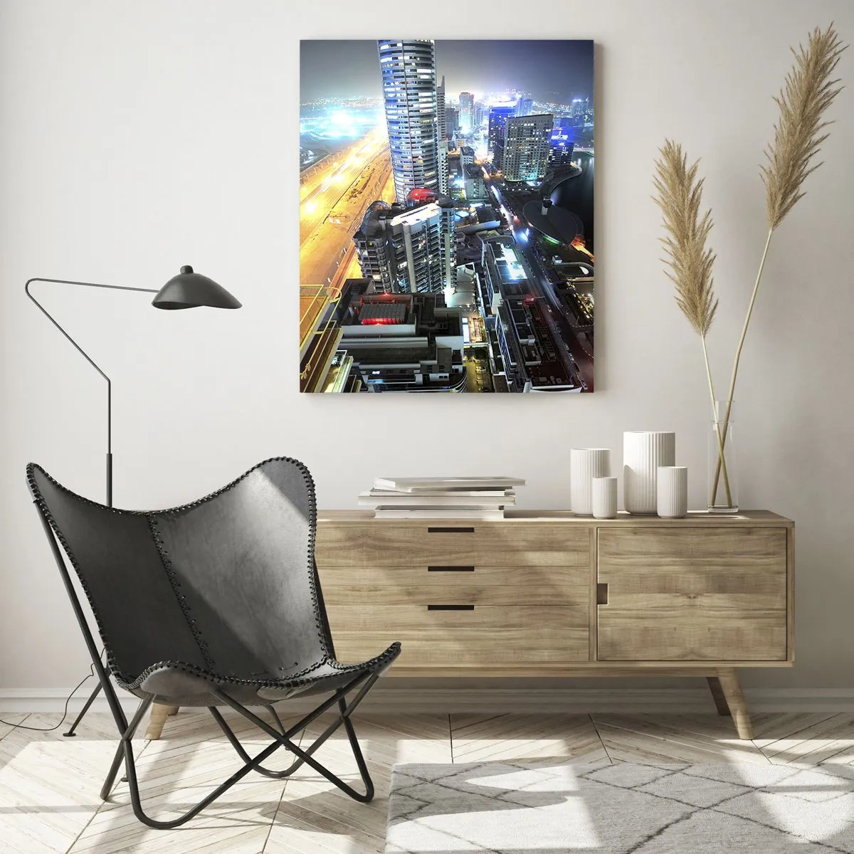 Cuadro sobre vidrio - Impresiones sobre Vidrio - Panorama de la ciudad nocturna con rascacielos iluminados - 50x70cm - Un milagro en el desierto - Decoración de pared moderna para salón y dormitorio ARTTOR
