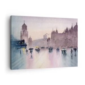 Cuadro sobre lienzo - Impresión de Imagen - Una calle de la ciudad al anochecer en estilo acuarela. - 70x50cm - En una niebla lluviosa - Decoración de pared moderna para salón y dormitorio ARTTOR
