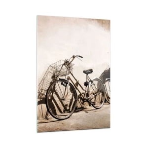 Cuadro sobre vidrio - Impresiones sobre Vidrio - Bicicletas retro apoyadas contra una pared vieja - 50x70cm - El inolvidable encanto del pasado - Decoración de pared moderna para salón y dormitorio ARTTOR
