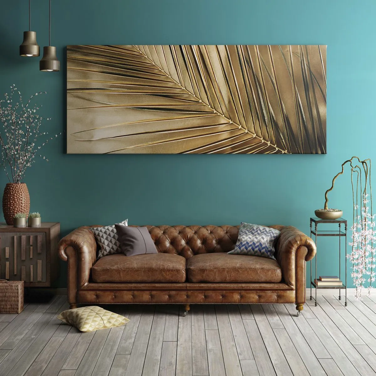 Cuadro sobre lienzo - Impresión de Imagen - Hoja de palma dorada sobre un fondo sólido - 120x50cm - Una columnata natural - Decoración de pared moderna para salón y dormitorio ARTTOR