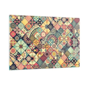 Cuadro sobre vidrio - Impresiones sobre Vidrio - Un patrón colorido inspirado en los azulejos marroquíes con motivos geométricos. - 120x80cm - Clima marroquí - Decoración de pared moderna para salón y dormitorio ARTTOR