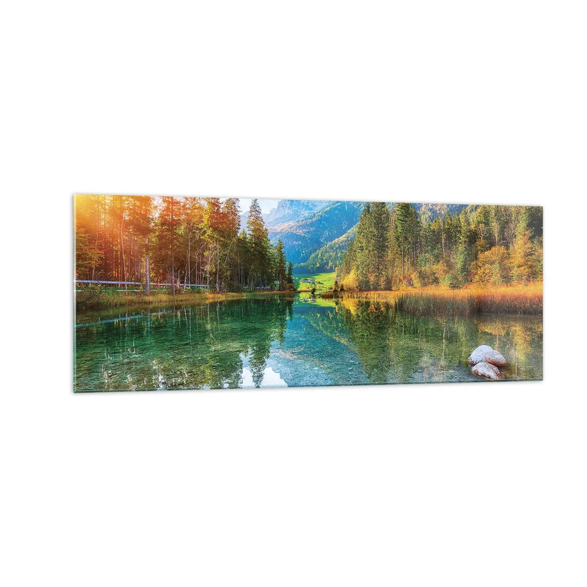 Cuadro sobre vidrio - Impresiones sobre Vidrio - Un pintoresco lago rodeado de montañas y bosques. - 140x50cm - La dulzura del otoño - Decoración de pared moderna para salón y dormitorio ARTTOR