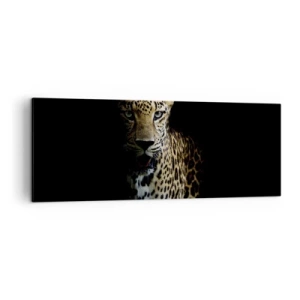 Cuadro sobre lienzo - Impresión de Imagen - Un leopardo sobre un fondo oscuro con una mirada intensa. - 140x50cm - Belleza oscura - Decoración de pared moderna para salón y dormitorio ARTTOR